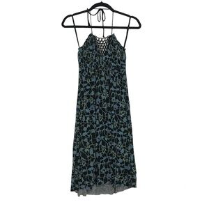 Vintage Free Ethereal People Floral Beaded Babydoll Swing Dress Size S Blue Boho